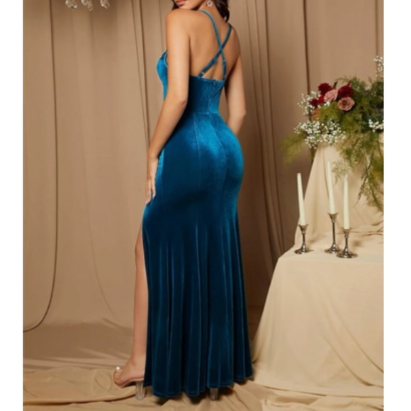 Luxe blue slit thigh crisscross back bridesmaids prom wedding velvet dress - Picture 3 of 9